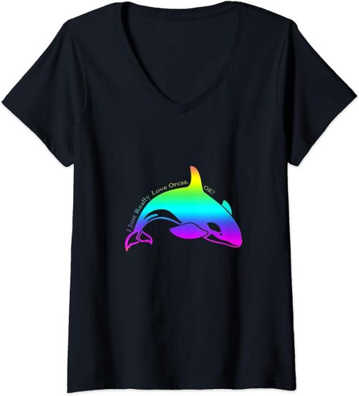 Womens I Just Really Love Orcas, OK? Watercolor Orca Killer V-Neck T-Shirt