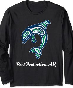 Blue Green Native American Port Protection Orca Killer Whale Long Sleeve T-Shirt