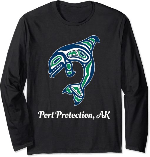 Blue Green Native American Port Protection Orca Killer Whale Long Sleeve T-Shirt