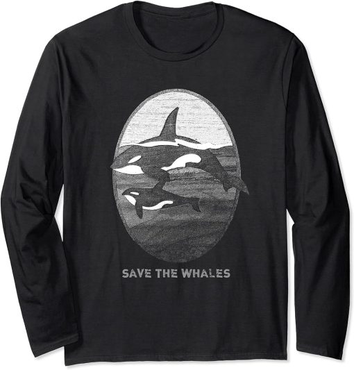 "Save The Whales" Orca Whale Lovers Vintage Look Long Sleeve T-Shirt