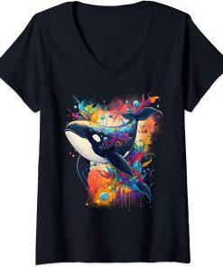 Womens Colourful mystical orca whale watching dolphin pottwhale orca whale V-Neck T-Shirt