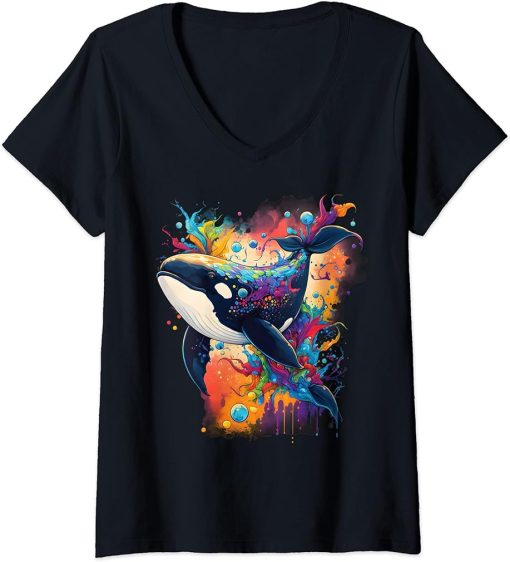 Womens Colourful mystical orca whale watching dolphin pottwhale orca whale V-Neck T-Shirt