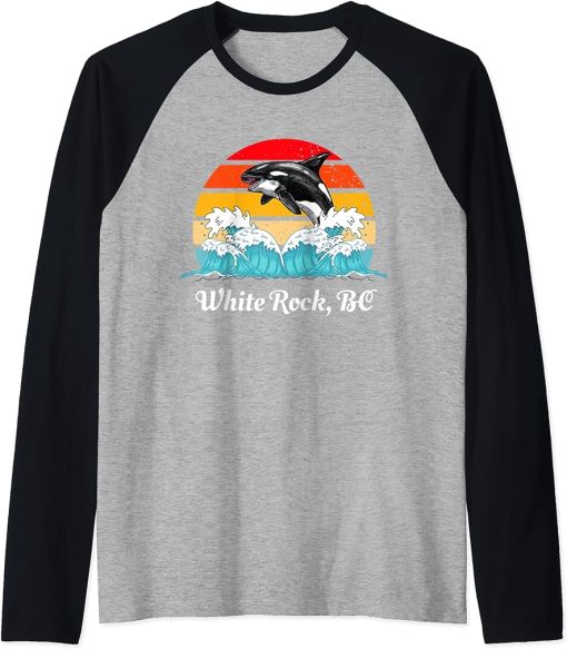 Vintage White Rock BC Distressed Orca Killer Whale Art Raglan Baseball Tee